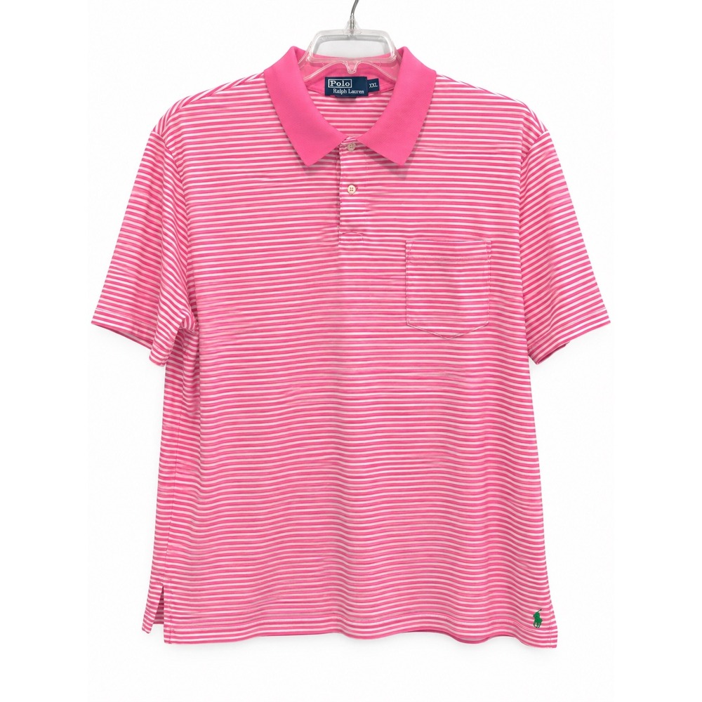 Vintage Polo Ralph Lauren Mens XXL Pink White Stripe Pocket Polo Shirt USA Pony